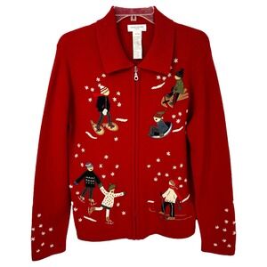 Jones NY Small Chrismtas Sweater Wool Cardigan Novelty‎ Holiday Ugly Red 1705